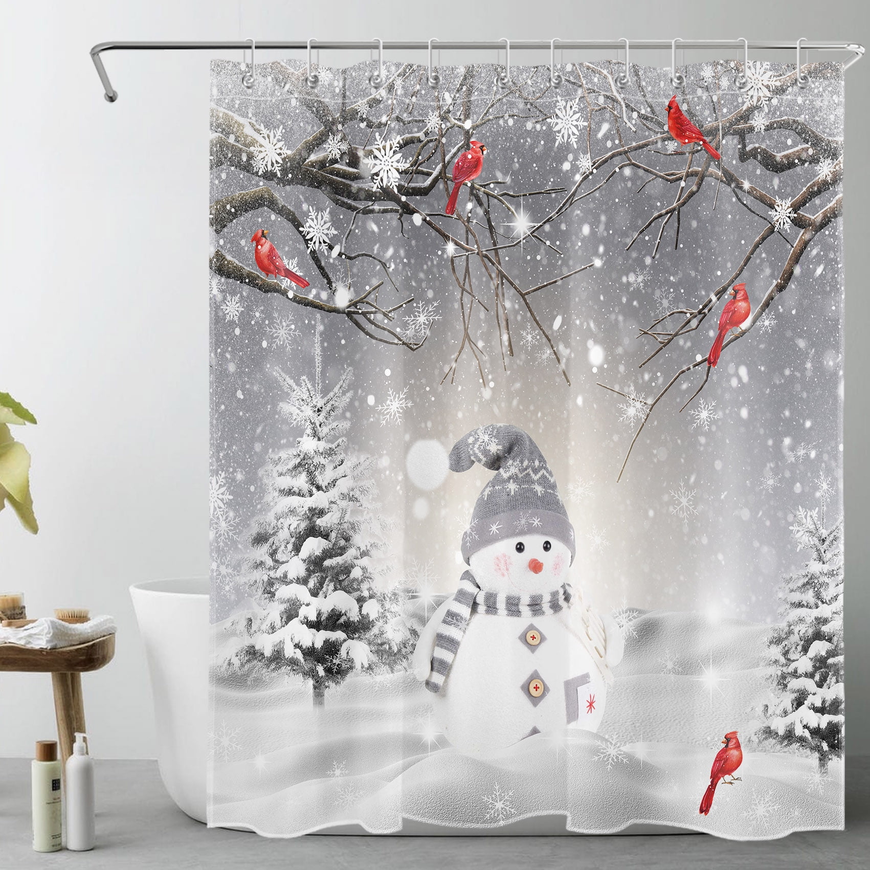Winter Christmas Shower Curtain for Bathroom, Cardinals and Cute