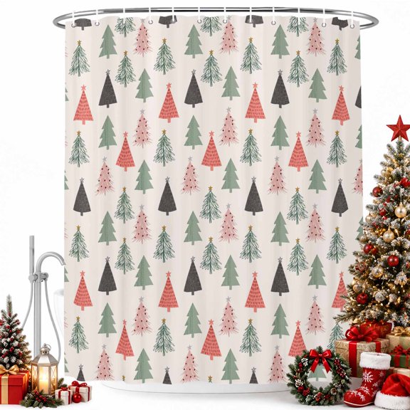 Winter Christmas Shower Curtain for Bathroom, Cottagecore Green Coral Pine Trees Waterproof Cloth Fabric Bathroom Accessories Set with 9 Rust Proof Plastic Hooks, 36"x72"