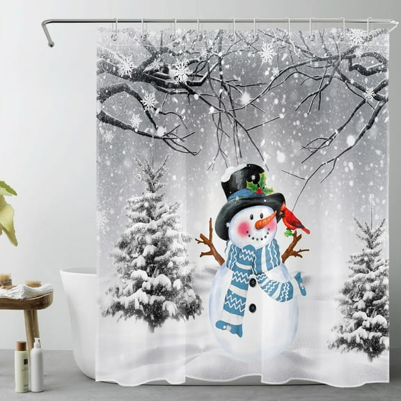 Winter Christmas Shower Curtain for Bathroom Cute Snowman and Pine Tree Snow Forest Cardinal Bathroom Shower Curtain Gray Xmas Shower Curtain Bath Accessories Home Decor with 10 Hooks 60x72 Inches