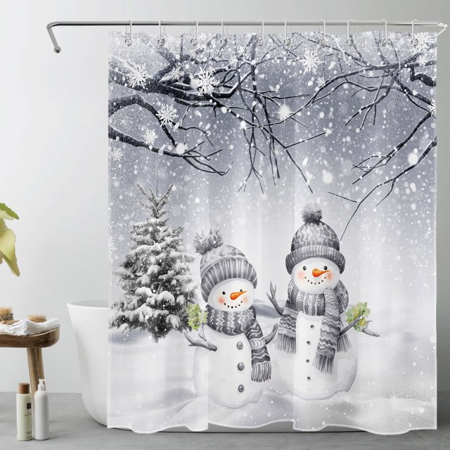 Winter Christmas Shower Curtain for Bathroom Grey Snowman and Snow Pine