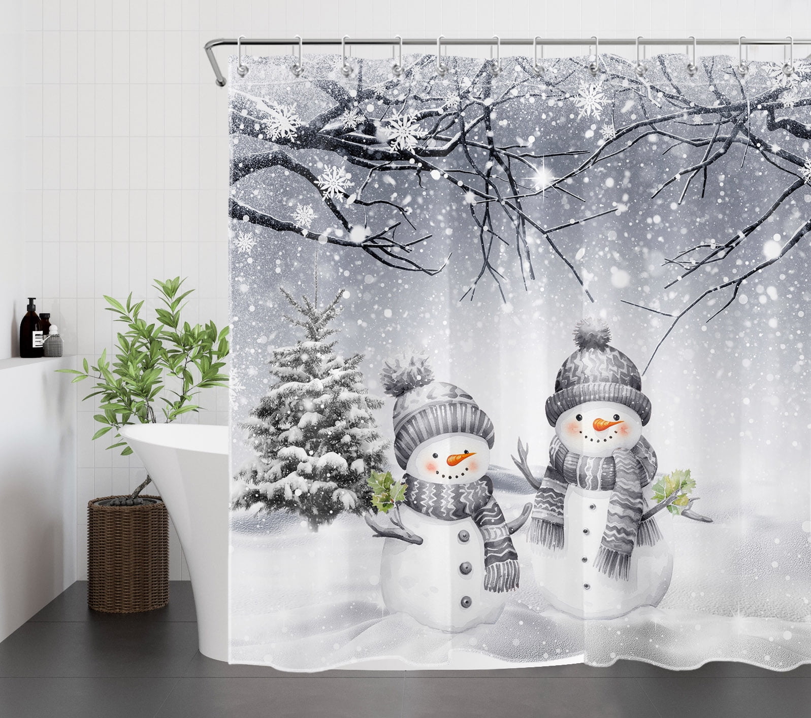 Winter Snowman Pine Tree Scene Polyester Shower Curtain