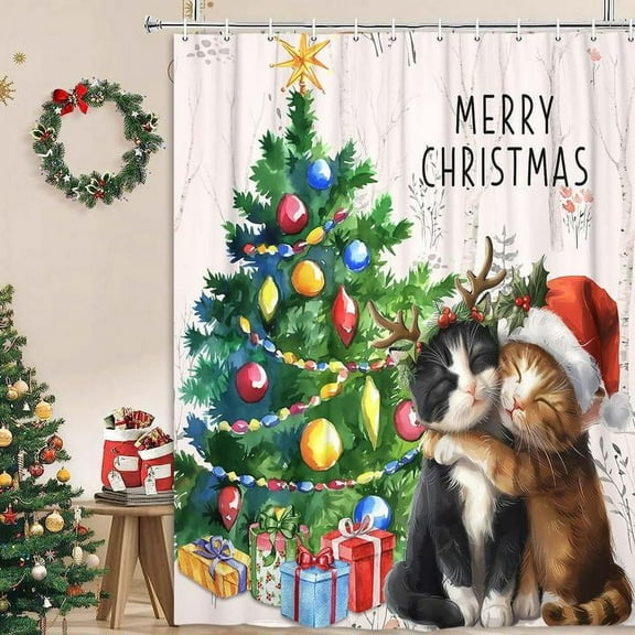 Winter Christmas Shower Curtain, Christmas Tree Christmas Cute Cat Holiday Scene Cute Shower Curtains for Bathroom, Winter Rustic Forest Bathroom Curtain, Shower Curtain Sets with Hooks 70X70IN