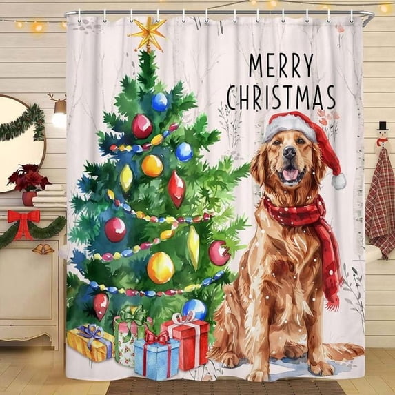 Winter Christmas Shower Curtain, Christmas Tree Christmas Cute Dog Holiday Scene Cute Shower Curtains for Bathroom, Winter Rustic Forest Bathroom Curtain, Shower Curtain Sets with Hooks 70X70IN