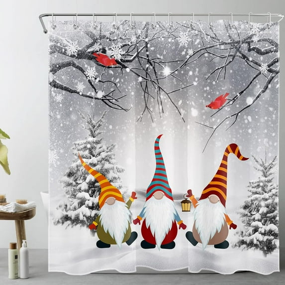 Winter Christmas Shower Curtain, Gnome Cardinals Snowflake Forest Scene Shower Curtain with Hooks, Winter Snow Shower Curtain Polyester Fabric Bathroom Decor Accessories Set, 72" X 84"