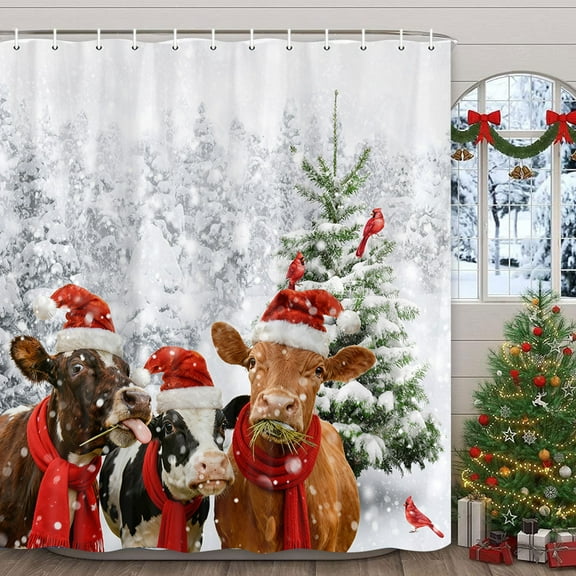 Winter Christmas Shower Curtain Set, Natural Winter Forest Snowflake Christmas Shower Curtain for Bathroom, Funny Cute Cows Christmas Bathroom Decor Waterproof Fabric Bathtub Sets with Hooks,70X70IN