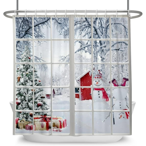 Winter Christmas Shower Curtain Snowman Xmas Tree Forest Snow Covered White Wooden Window Winter Holiday Bathroom Curtain Set Waterproof Polyester Fabric with Hooks 72Wx72H Inch