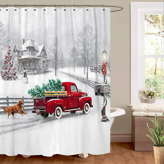 Winter Christmas Shower Curtain，Vintage Red Truck Holiday Trees and Pet Dog Welcome Home Bathroom Shower Curtain with Hooks 72x72 Inch