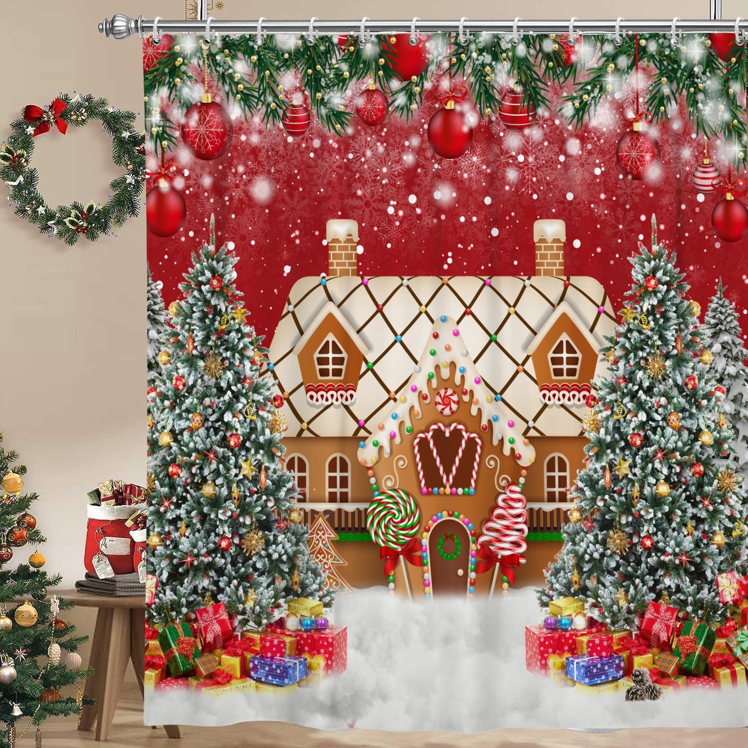 Winter Christmas Shower Curtain,Xmas Pine Tree Red Waterproof Fabric Bath Curtain with Hooks,72"x78"