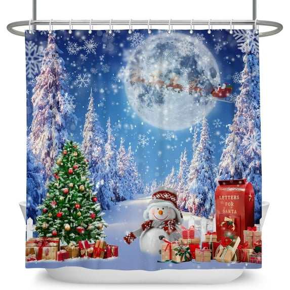 Winter Christmas Shower Curtain Xmas Tree Snowman Snowy Fire Tree Full Moon Winter Christmas Nature Landscape Bathroom Shower Curtain Waterproof Polyester Fabric with Hooks 72Wx72H Inch