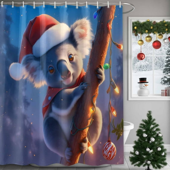 Winter Christmas Shower Curtains for Bathroom, Night Koala Santa Hat Xmas Coloured Lamps Waterproof Fabric Shower Curtain for Bathroom Bathtub Decoration, Machine Washable, 60"x72"