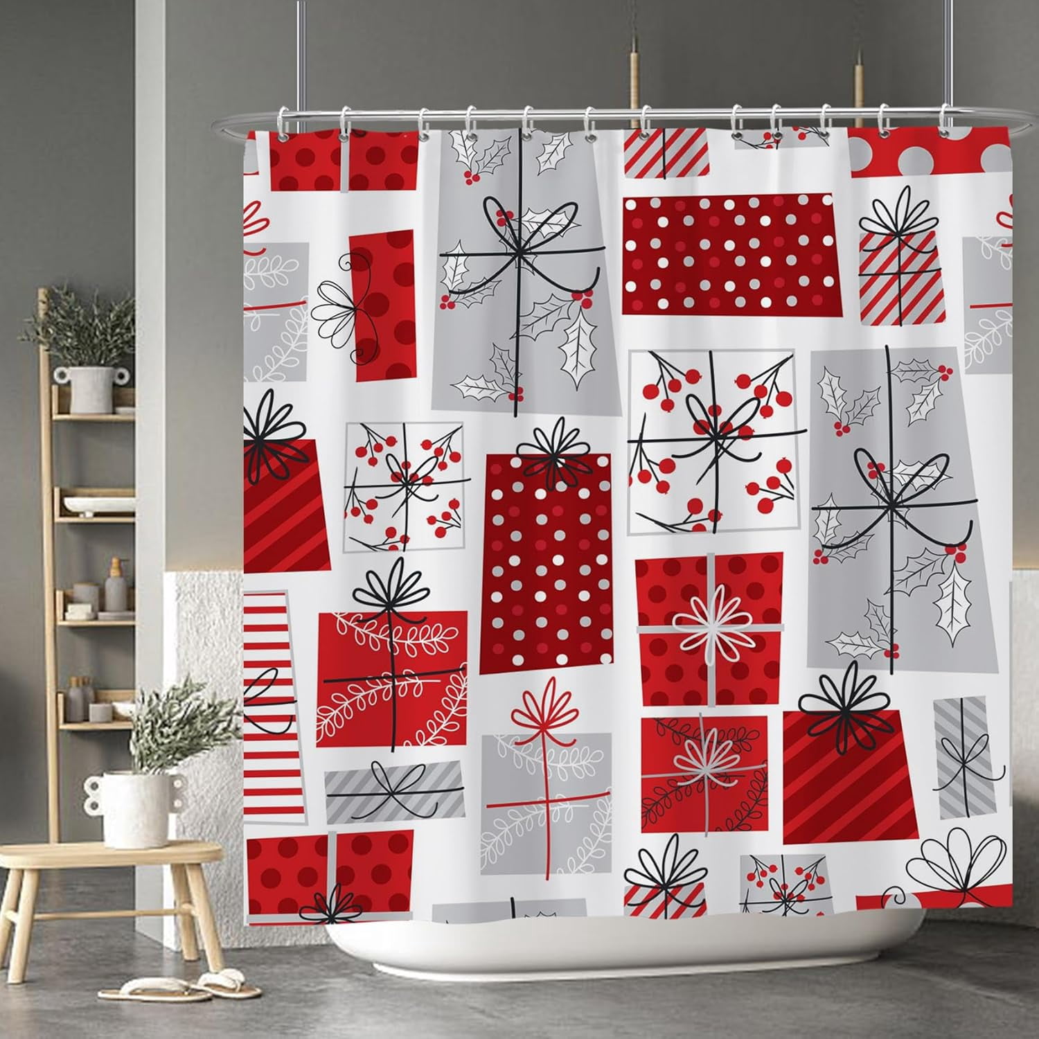 Winter Christmas Shower Curtains for Bathroom Red Grey Xmas Gift Shower