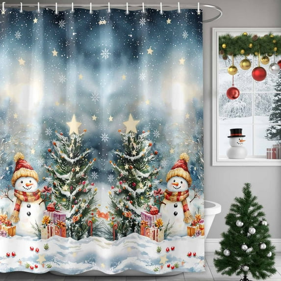 Winter Christmas Shower Curtains for Bathroom, Tree Snowman Snowflake Stars Waterproof Fabric Shower Curtain for Bathroom Bathtub Decoration, Machine Washable, 36"x72"