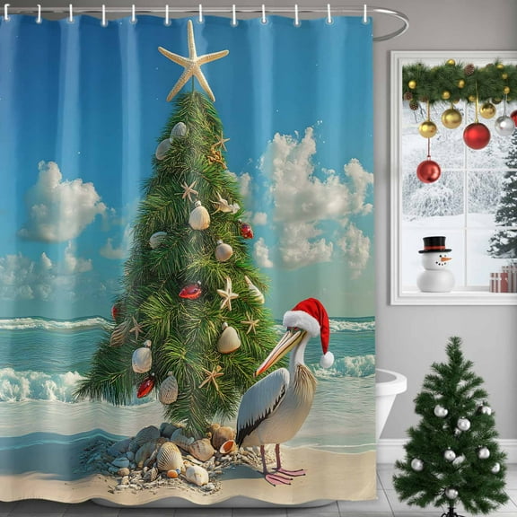 Winter Christmas Shower Curtains for Bathroom, Xmas Tree Pelican Seashell Ocean Beach Waterproof Fabric Shower Curtain for Bathroom Bathtub Decoration, Machine Washable, 36"x72"