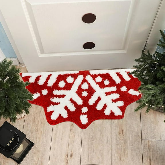 Winter Christmas Snowflake Bathroom Rug Snowflake Bath Mat Non Slip Washable Rugs Welcome Decorative Red Snowflake Doormat for Home Kitchen Xmas Decor Holiday Decorations, 23.62 Inch