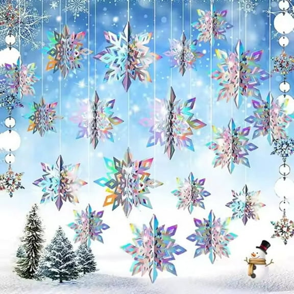 Winter Christmas Snowflake Decorations, 24PCS 3D Laser Iridescent Snowflakes Hanging Decor for Christmas Winter Wonderland Holiday Home Decorations Indoor