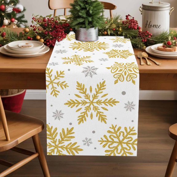Winter Christmas Snowflake Table Runner 18x72in Non-Slip Cotton Linen Table Runners, Gold Gray Snow on White Dresser Scarves TableRunner for Dinner Kitchen Dining Wedding Party