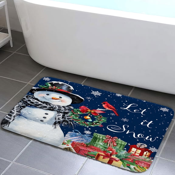 Winter Christmas Snowman Bath Rugs for Bathroom, Red Xmas Snowflake Bath Mat Non-Slip, New Year Holiday Winter Theme Bathroom Rugs for Home Kitchen Bedroom Decor 19X31IN