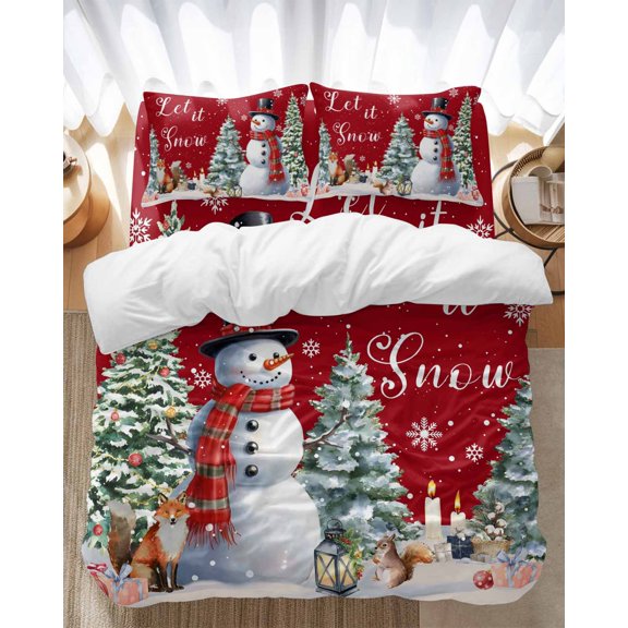 Winter Christmas Snowman Bedding Duvet Cover Set Queen Size 4 Pieces Red Xmas Tree Fox Squirrel Bedding Set with Zipper Closure, 1 Comforter Cover 90x90 Inches 1 Flat Sheet & 2 Pillow Cases