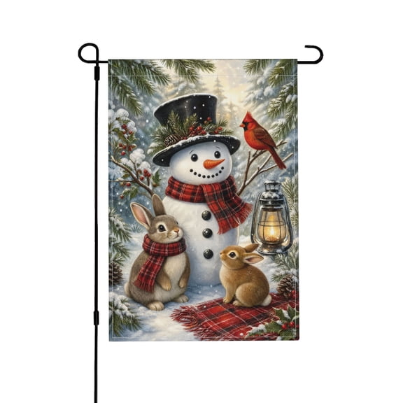 Winter Christmas Snowman Bunny Cardinal Burlap Garden Flag For Farmhouse Porch Patio Yard Decor 12x18 in