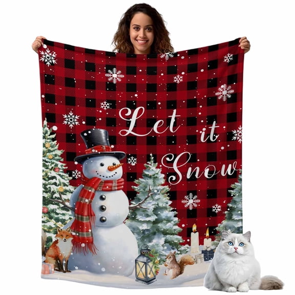 Winter Christmas Snowman Flannel Blanket for Bed,Travel and Camping, Red Black Plaid Xmas Tree Fox Squirrel Super Soft Cozy Blanket for All Seasons 40"x60"