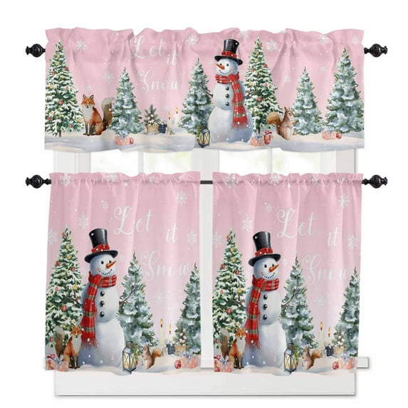 Winter Christmas Snowman Kitchen Curtains and Valances Set, Pink Xmas Tree Fox Squirrel Rod Pocket Window Valance 18 Inch Window Curtain Panels for Living Room Bedroom Laundry, 27.5x36in, 3 Pieces