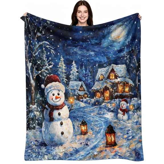Winter Christmas Snowman Moonlit Snow Village Scenery, Soft Warm Flannel Fleece, Vintage Rustic Festive, Throw Blanket, Cozy Warm, Home Decor, Couch Bed Sofa