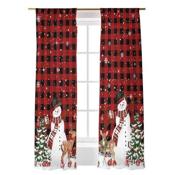 Winter Christmas Snowman Sheer Curtains 84 Inch Long 2 Panels, Elk Christmas Tree Balls Red Plaid Light Filtering Rod Pocket Semi Sheer Curtains, Sheer Voile Drapes for Living Room Bedroom, 52"x84"