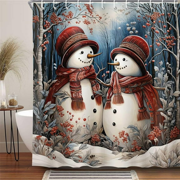Winter Christmas Snowman Shower Curtain, Holiday Xmas Forest Rustic Farmhouse Bathroom Curtain Set with Hooks, Waterproof Washable Fabric, 72X72in