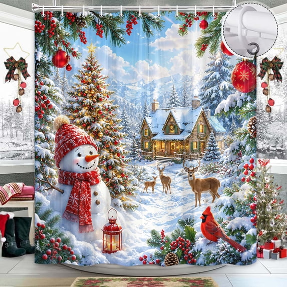 Winter Christmas Snowman Shower Curtain Snowy Forest Cabin Deer 70X70IN Snow Scene Xmas Tree Cardinals Rustic Farmhouse Bathroom Curtains, Waterproof Polyester Fabric Bathtub Sets with Hooks