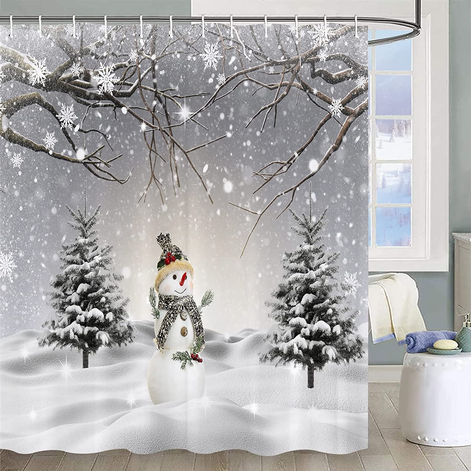 Winter Christmas Snowman Shower Curtains Snow Scene Pine Tree
