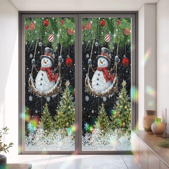 Winter Christmas Snowman Swing Window Privacy Film,Decorative Windows Static Cling Xmas Tree Snowflake on Black Heat Control Removable Glass Sticker for Home Bathroom Bedroom Window Door,35.4x78.7in