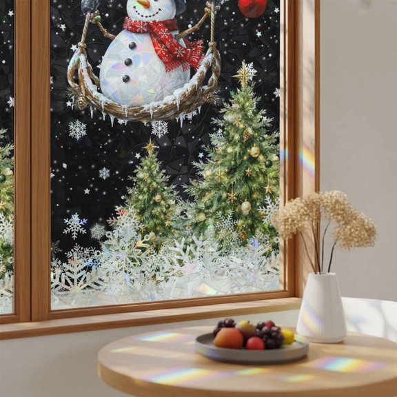 Winter Christmas Snowman Swing Window Privacy Film,Heat Control Sun Blocking Static Cling Rainbow Film,Xmas Tree Snowflake on Black Non-Adhesive Glass Sticker Door Window Tint,17.7" x 39.3"