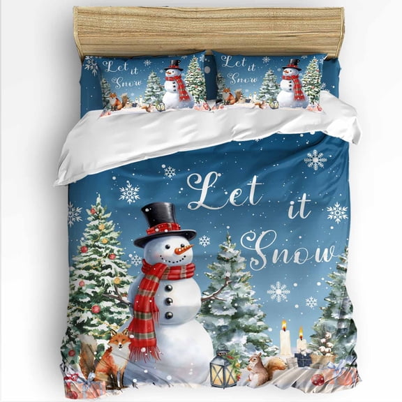 Winter Christmas Snowman Twin Size Comforter Set, Blue Ombre Xmas Tree Fox Squirrel Soft Bedding for All Seasons, 4 Pcs Bed Set with 1 Comforter (68"x86") ,1Sheet(66"x116"), 2 Pillowcases (19"x29")