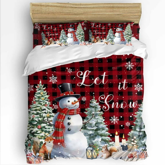 Winter Christmas Snowman Twin Size Comforter Set, Red Black Plaid Xmas Tree Fox Squirrel Bedding for All Seasons, 4 Pcs Bed Set with 1 Comforter (68"x86") ,1Sheet(66"x116"), 2 Pillowcases (19"x29")
