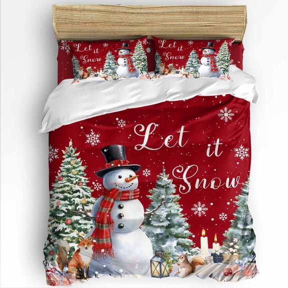 Winter Christmas Snowman Twin Size Comforter Set, Red Xmas Tree Fox Squirrel Soft Bedding for All Seasons, 4 Pcs Bed Set with 1 Comforter (68"x86") ,1Sheet(66"x116"), 2 Pillowcases (19"x29")