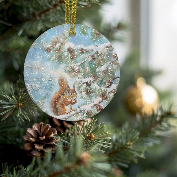 Winter Christmas Squirrel Pine Cones Christmas Ceramic Ornament 2026,3" Round Xmas Tree Hanging Accessories,Xmas Pine Tree Branch Leaves Pendant Ornaments for Holiday Gift Home Party Decor