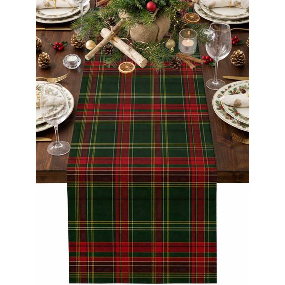 Winter Christmas Table Runner 48 Inches Long, Green Red Gold Line Plaid Rustic Gingham Retro Cotton Linen Dining Table Runner Dresser Scarves for Home Kitchen Party Decor 13"x48"