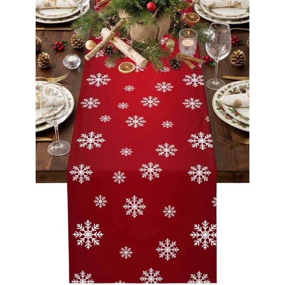 Winter Christmas Table Runner 90 Inches Long, White Snowflake Red Background Rustic Cottagecore Cotton Linen Dining Table Runner Dresser Scarves for Home Kitchen Party Decor 13"x90"