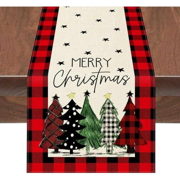 Winter Christmas Table Runner Watercolor Red and Black Buffalo Plaid Christmas Trees Merry Xmas Runner, Seasonal Winter Holiday Kitchen Dining Table Decoration for Indoor Outdoor Home Party 13 x 72