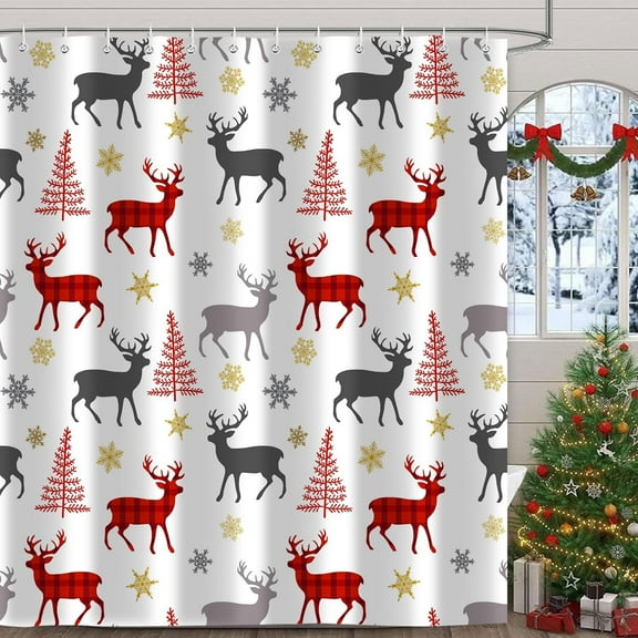 Winter Christmas Themed Fabric Shower Curtain for Bathroom Decor, Red Elk Trees Grey Golden Snowflake Xmas New Year Holiday Shower Curtains Set Washable Polyester with 12 Hooks, 72x72