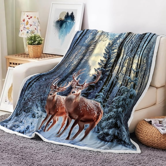 Winter Christmas Throw Blanket, Super Soft Warm Plush Blanket for Couch Bed Sofa Travel Camping, Winter Deer Snow Forest Holiday Decorative Comfort Cozy Throw Blanket 50 x 60 Inch
