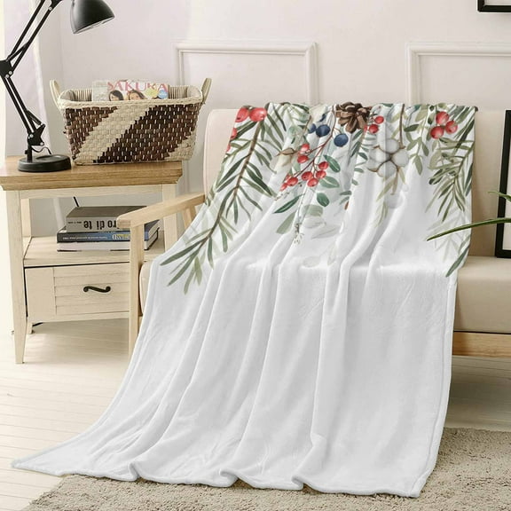 Winter Christmas Throw Flannel Blanket 30x40In Pine Leaves Berries Hazelnuts Cotton Super Soft Cozy Bed Blanket, Lightweight Plush Fuzzy Bed Throw for Bedroom Sofa Couch Living Room