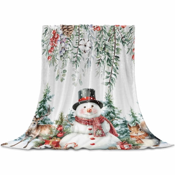 Winter Christmas Throw Flannel Blanket 32x48In Snowman Berries Squirrel Elk Tree Super Soft Cozy Bed Blanket, Lightweight Plush Fuzzy Bed Throw for Bedroom Sofa Couch Living Room