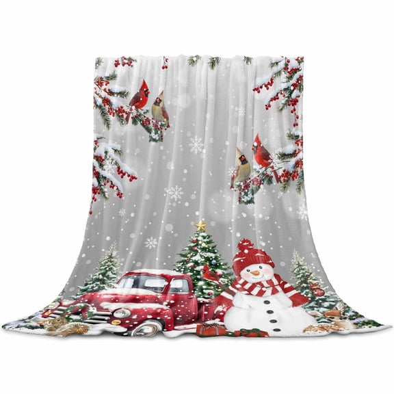 Winter Christmas Throw Flannel Blanket 32x48In Snowman Truck Berry Cardinal Bird Gray Super Soft Cozy Bed Blanket, Lightweight Plush Fuzzy Bed Throw for Bedroom Sofa Couch Living Room