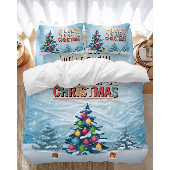 Winter Christmas Tree Bedding Duvet Cover Set Full Size 4 Pieces Have A Wonderful Christmas Snowing Bedding Set with Zipper Closure, 1 Comforter Cover 86x86 Inches 1 Flat Sheet & 2 Pillow Cases