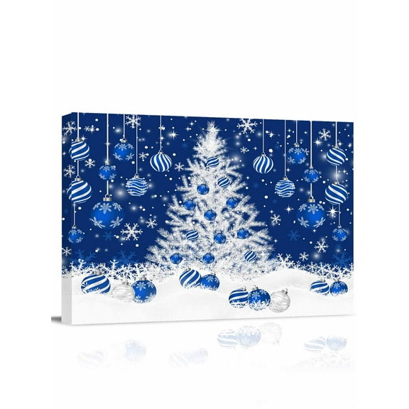 Winter Christmas Tree Canvas Print Wall Art Blue Christmas Ball Snowflake Pictures Painting Morden Artwork for Living Room Bedroom, Ready to Hang - 12"x16"