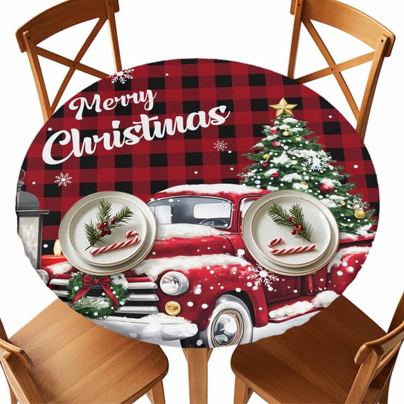 Winter Christmas Tree Farm Truck Fitted Round Tablecloths Table Covers 55"-60",Waterproof Table Cloth for Kitchen Holiday Party Tables Decor