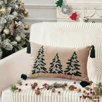 Winter Christmas Tree Pillow Cover, Classic Christmas Embroidered Pillow case with Tassels, Realistic Xmas Tree Sofa Cushion Case Christmas New Year Couch Decor, Green