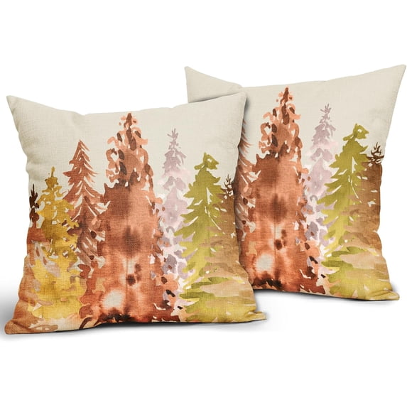 Winter Christmas Tree Pillow Covers 18x18 Set of 2 Blue Green Nature Forest Rustic Watercolor Style Print Decorative Throw Pillows Outdoor Square Linen Cushion Case Decor for Home Sofa Couch Bed