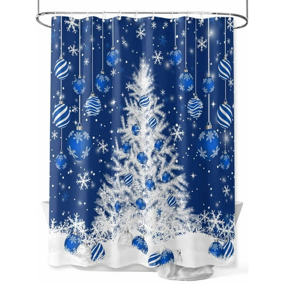 Winter Christmas Tree Shower Curtain Set ，Waterproof Fabric Shower Curtains Blue Christmas Ball Snowflake Shower Curtains for Bathroom,Bathroom Decor 72"x72"